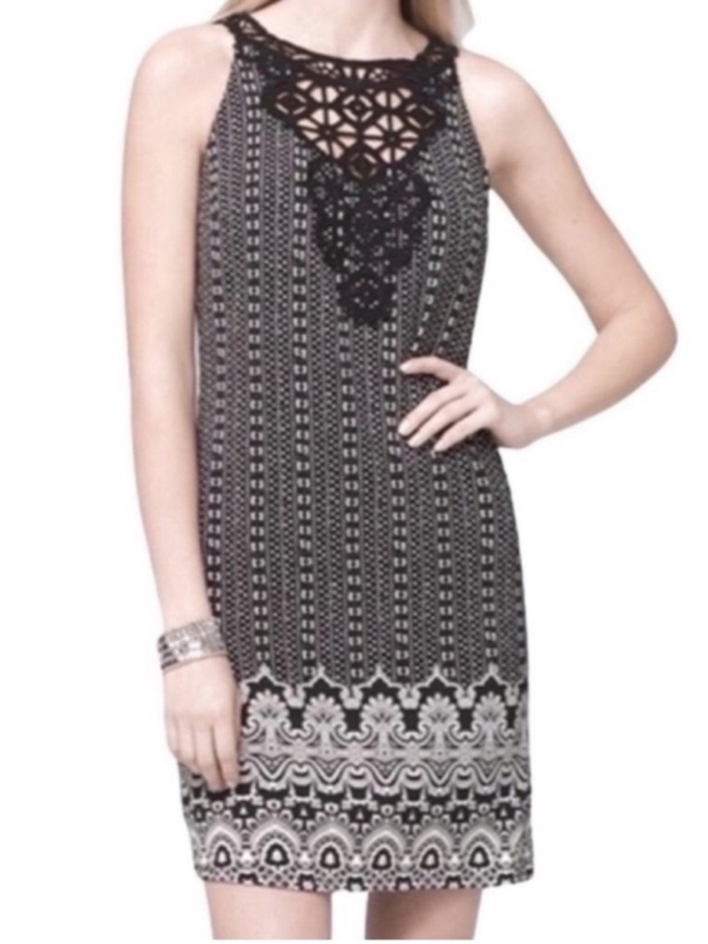 WHBM Sleeveless Dress Crochet Detail Border Print Black White Size M